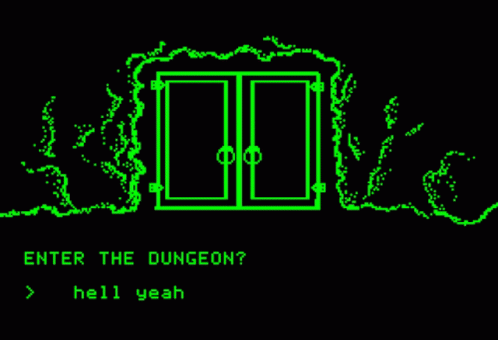 DOS-style fantasy game, standing outside the threshold of a dungeon. Text prompt below: Enter the Dungeon? Yes/No
